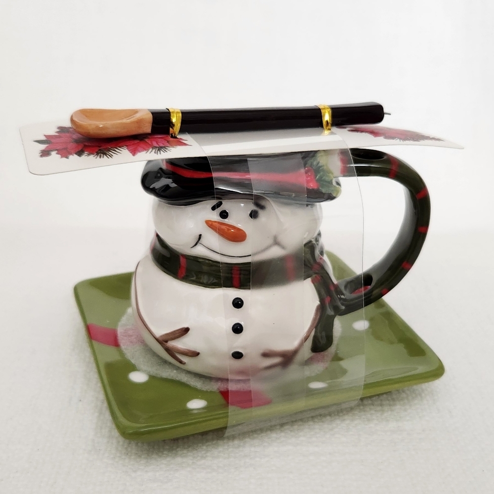 Corner Ruby Christmas Snowman Teacup Set w/ Saucer & Spoon NEW